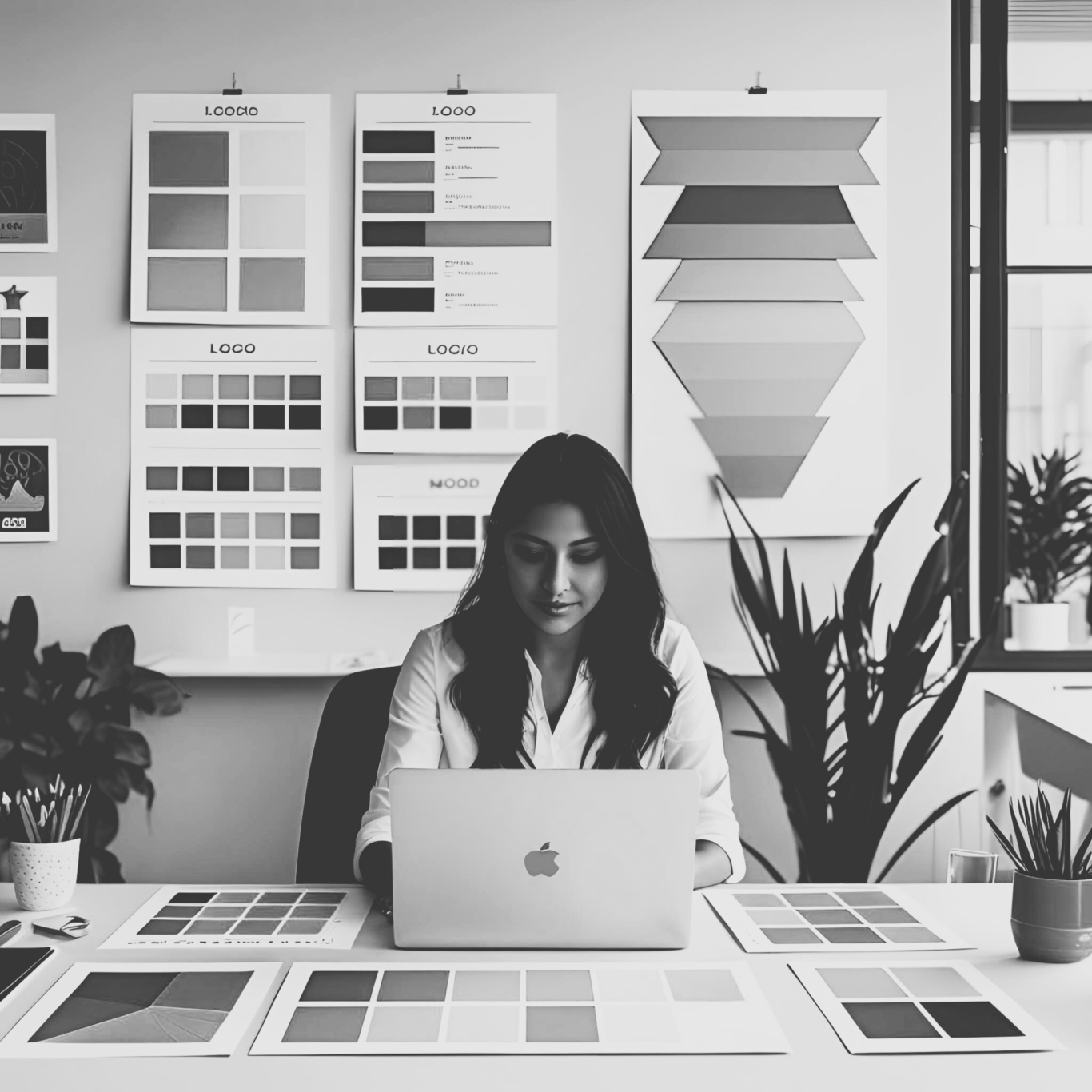 Zu sehen ist eine Frau am Laptop, sie arbeitet am Corporate Design, an der Wand hängen Farben und Bilder passend dazu.