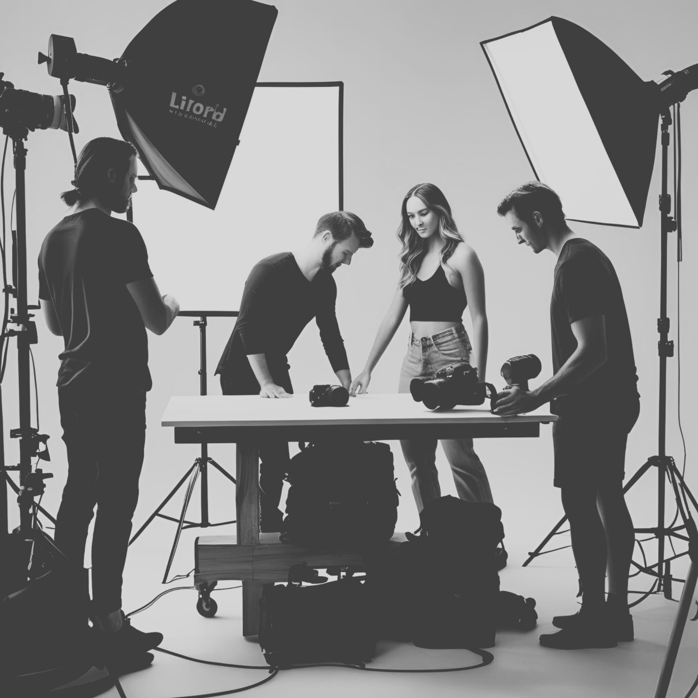 Ein Team von vier Personen in einem Fotostudio, die gerade ein Set einräumen. Es ist bisher Licht und ein weißer Font/Hohlkehle aufgebaut.