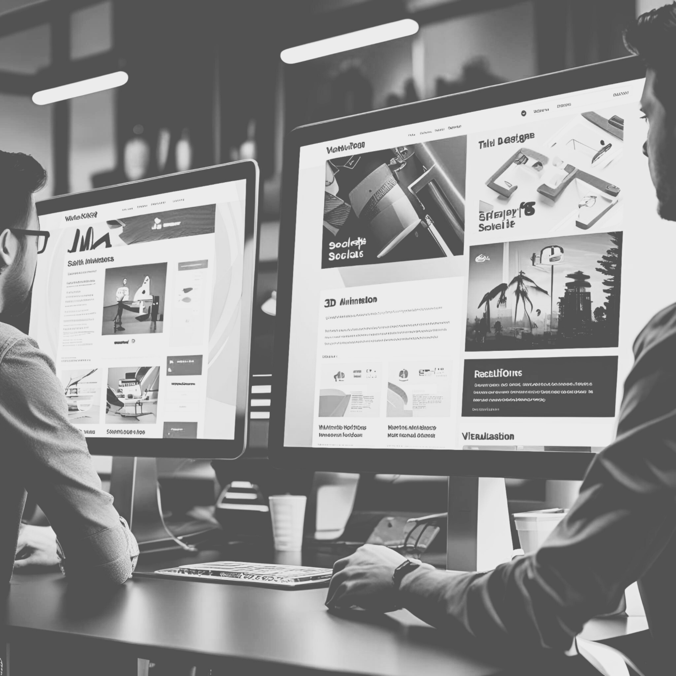 Ein Mann sitzt am Rechner und schaut sich Banner und eine Website an.