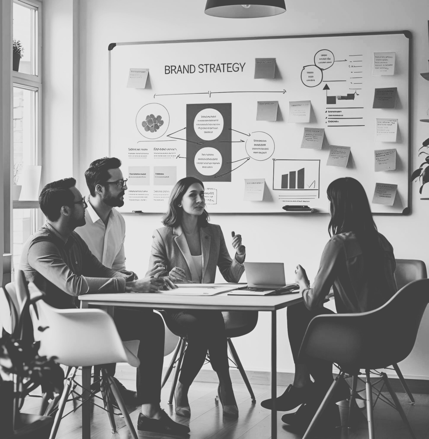 Zu sehen ist eine Gruppe von 4 Personen (Männlich und weiblich), die gerade am Tisch sitzen und brainstormen. 